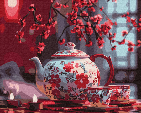 Home - Pictura pe numere - Ceainic japonez si flori, 40x50cm
