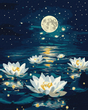 Peisaje - Pictură pe numere – Nuferi sub clar de lună | Culori metalice