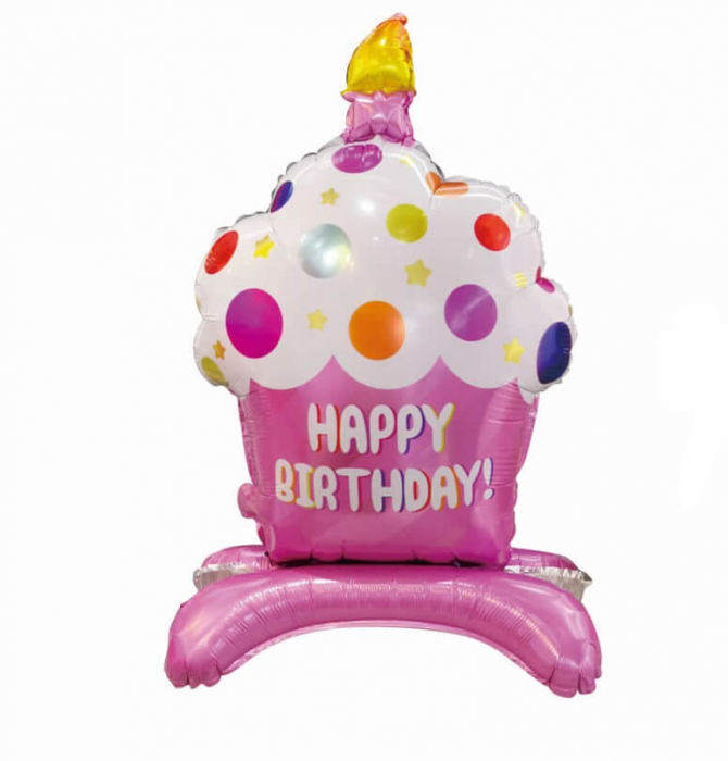 Balon folie briosa Happy Birthday roz Stand up 88 cm