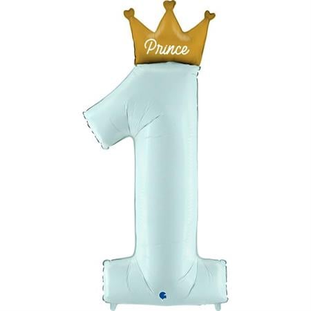 Balon folie cifra 1 albastru pal cu coroana si Prince 117 cm [1]
