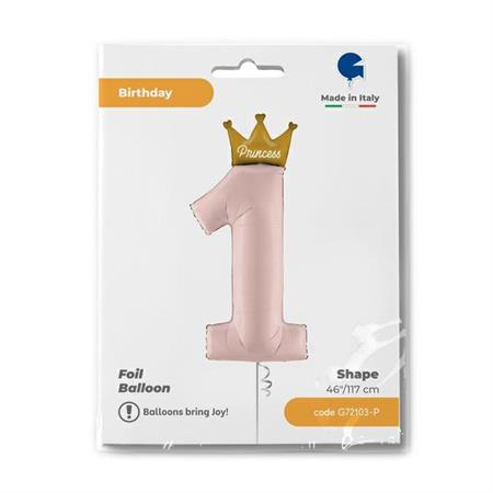 Balon folie cifra 1 roz pal cu coroana si Princess 117 cm [4]
