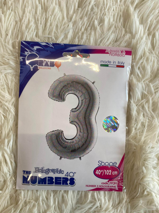 Balon folie cifra 3 argintiu holografic sclipici 102 cm [3]