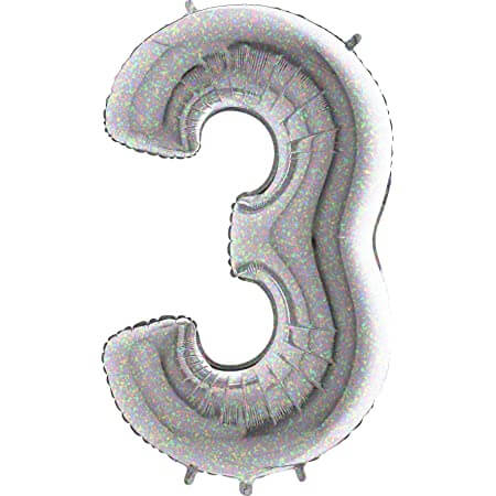 Balon folie cifra 3 argintiu sclipici holografic 102 cm