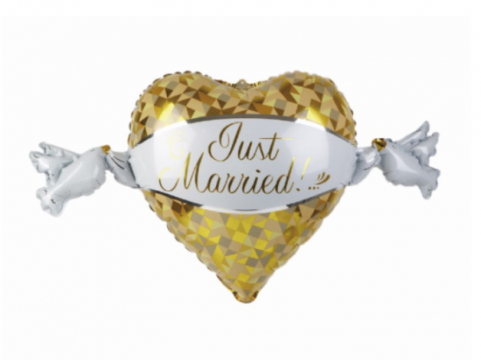 Balon folie inima cu porumbei Just Married 104 cm