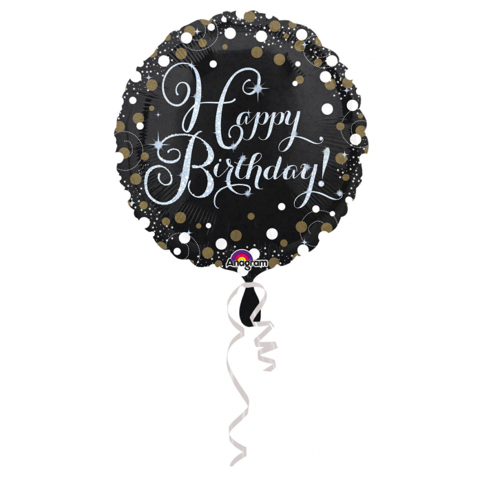 Balon folie rotund Happy Birthday negru cu auriu 43 cm