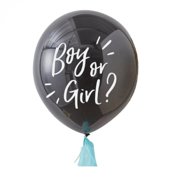 Balon negru 90 cm dezvaluire Boy or Girl confetti albastre