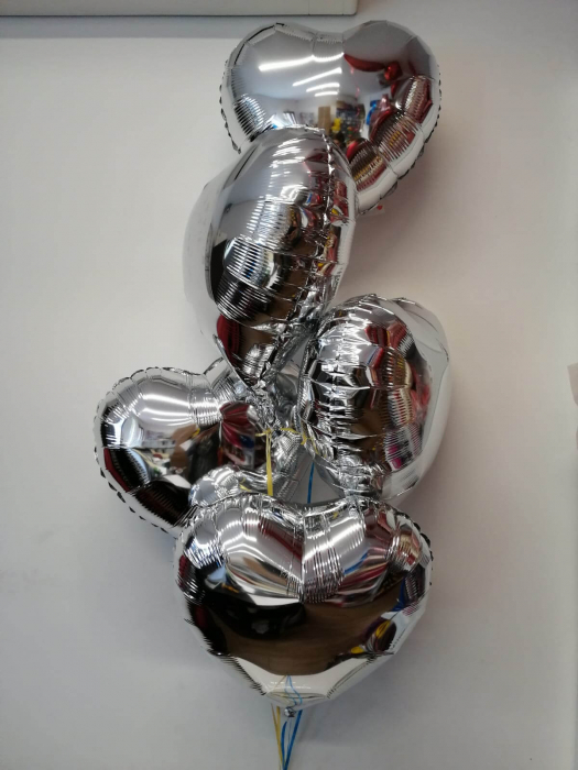 Buchet 5 baloane inimi argintii cu heliu 45cm
