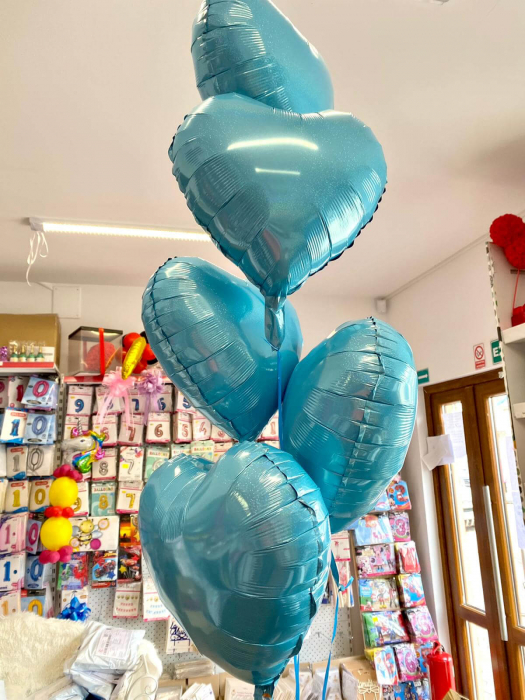 Buchet 5 baloane inimi bleo holograma cu heliu 45cm