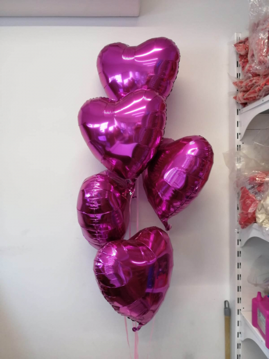 Buchet 5 baloane inimi roz inchis cu heliu 45cm