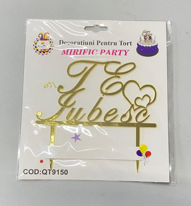 Decor tort Te iubesc auriu 8.5 * 14 cm [3]