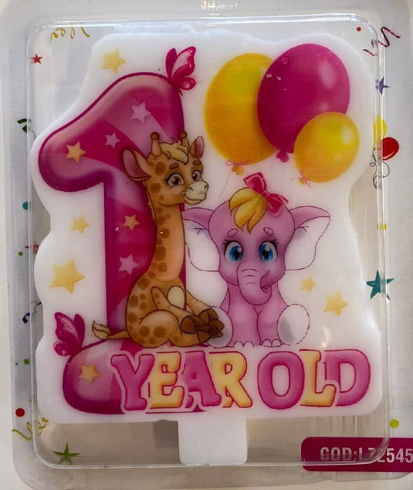 Lumanare tort cifra 1 roz animale zoo 8.5 cm