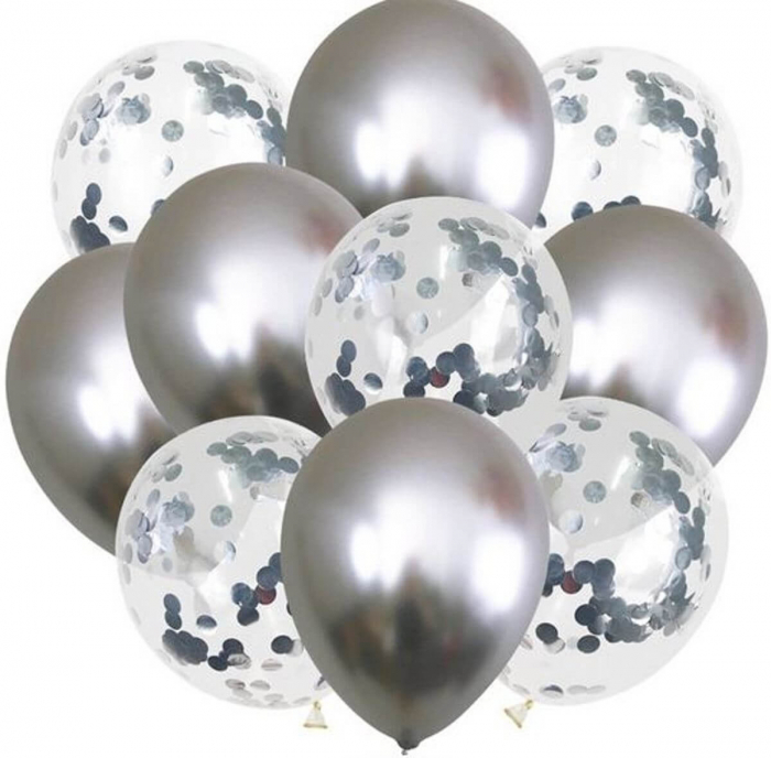 Set 10 baloane cu confetti argintiu chrom 30 cm
