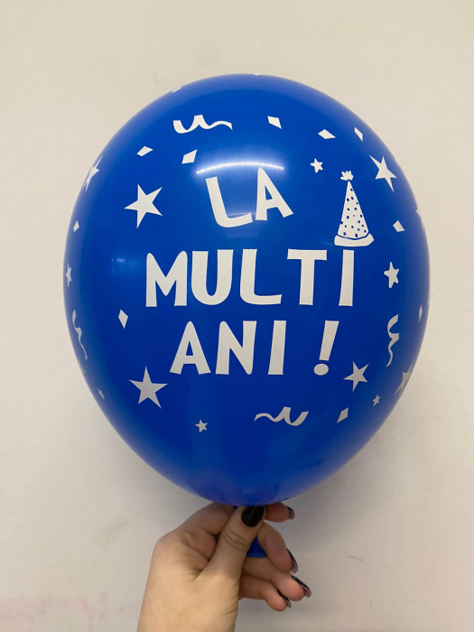 Set 10 baloane latex albastru imprimate La multi ani alb 30cm [4]