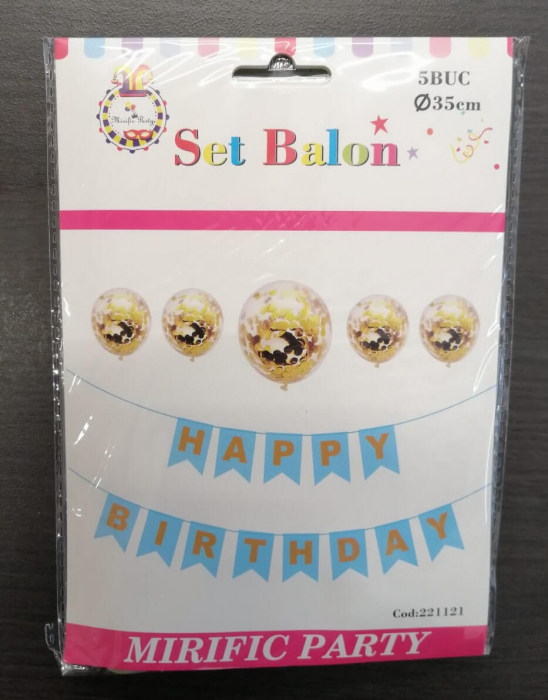 Set 5 baloane confetti auriu + banner Happy Birthday albastru [5]