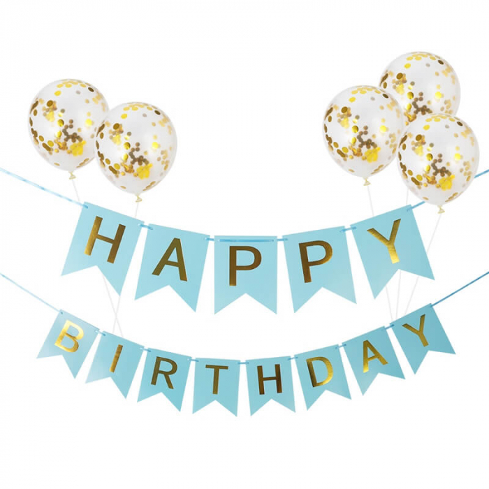 Set 5 baloane confetti auriu + banner Happy Birthday albastru