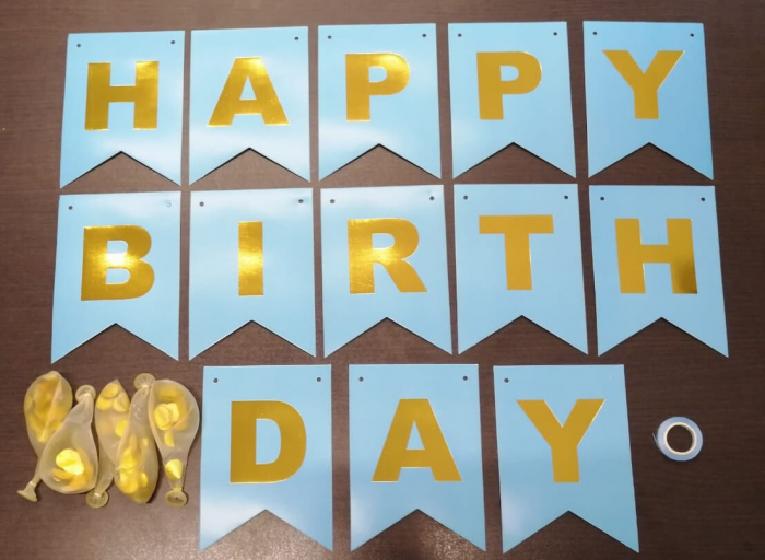Set 5 baloane confetti auriu + banner Happy Birthday albastru [2]