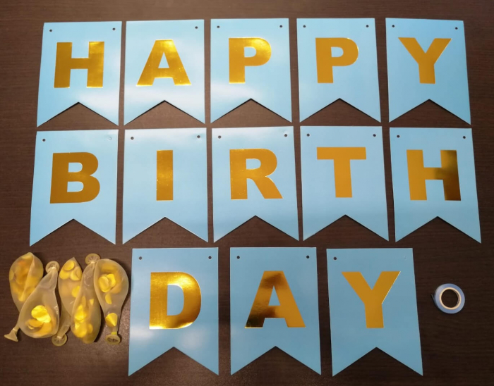 Set 5 baloane confetti auriu + banner Happy Birthday albastru [3]