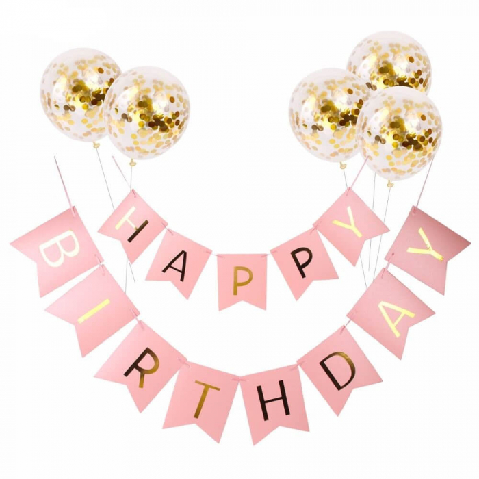 Set 5 baloane confetti auriu + banner Happy Birthday roz