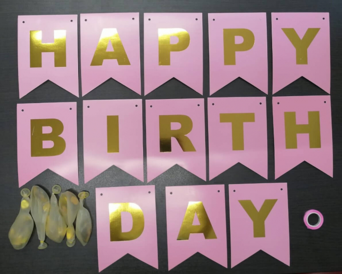 Set 5 baloane confetti auriu + banner Happy Birthday roz [2]