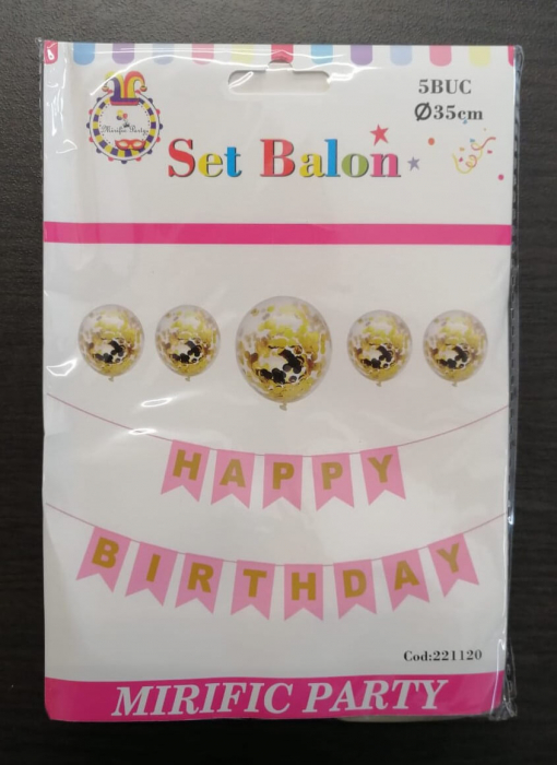 Set 5 baloane confetti auriu + banner Happy Birthday roz [5]