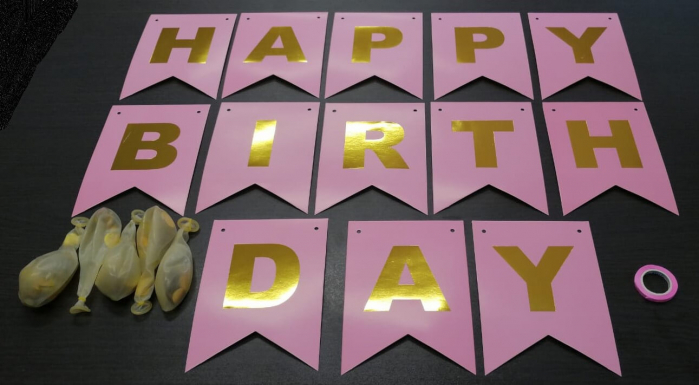 Set 5 baloane confetti auriu + banner Happy Birthday roz [3]