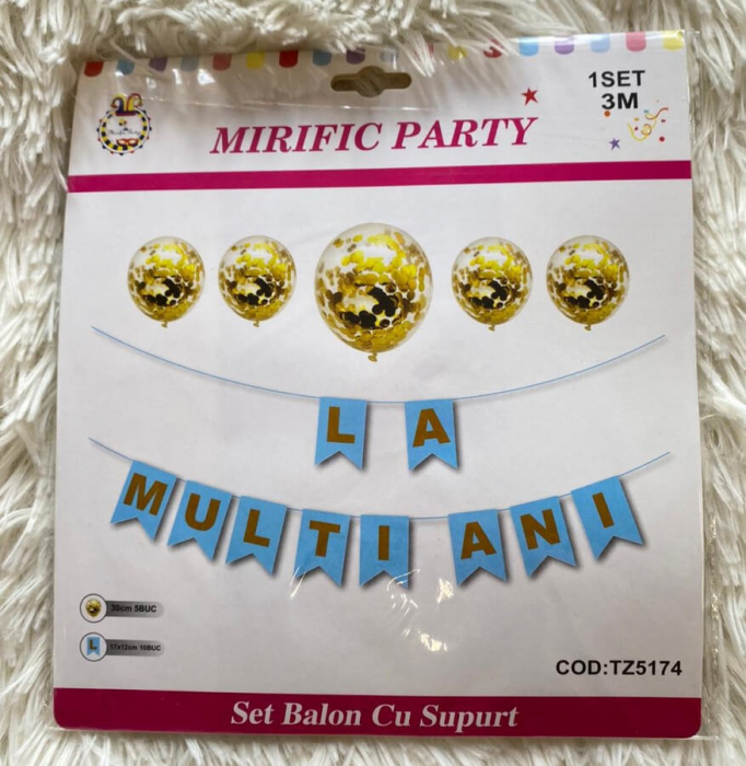 Set 5 baloane confetti auriu x banner LA MULTI ANI albastru [4]