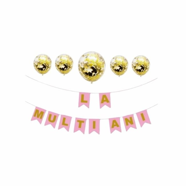 Set 5 baloane confetti auriu + banner LA MULTI ANI roz