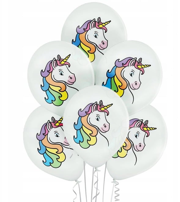 Set 6 baloane latex alb cu cap unicorn 30 cm