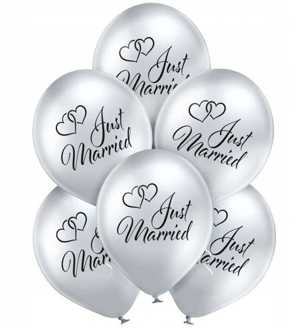Set 6 baloane latex argintiu chrom Just Married 30 cm