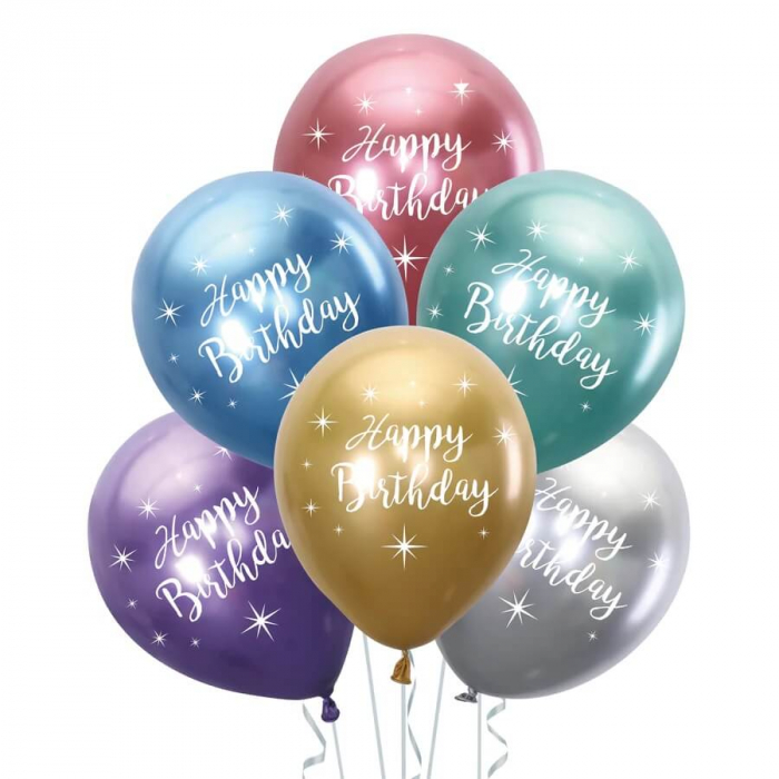 Set 6 baloane latex chrom Happy Birthday stelute 30 cm