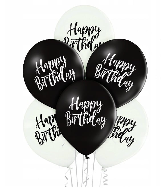Set 6 baloane latex Happy Birthday alb si negru 30 cm