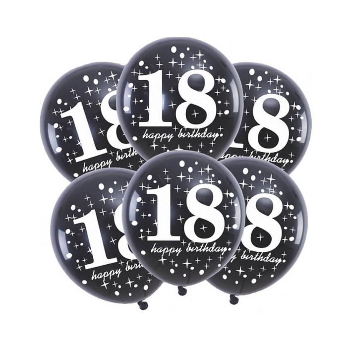 Set 6 baloane negre 18 ani Happy Birthday 30 cm