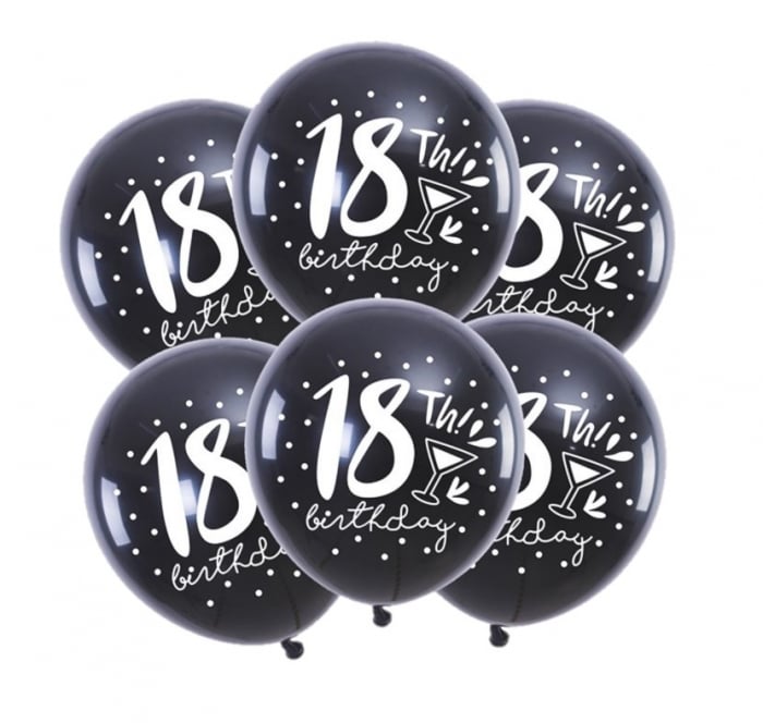 Set 6 baloane negre Majorat 18 ani 30 cm