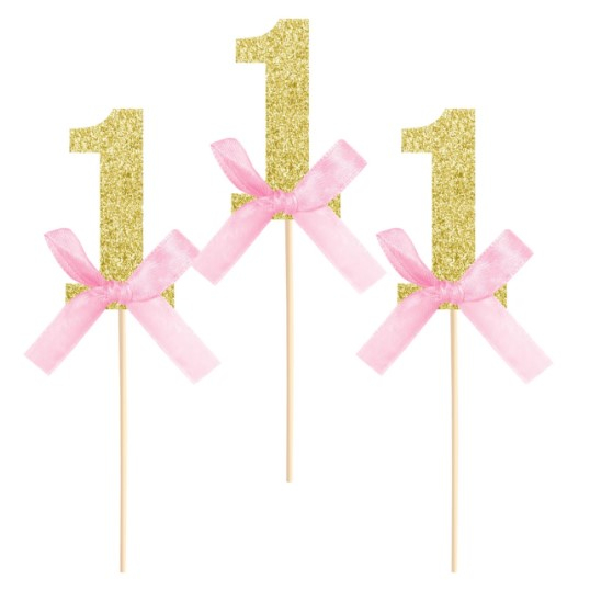 Set 6 decoratiuni tort briosa 1 an roz si auriu 6 cm