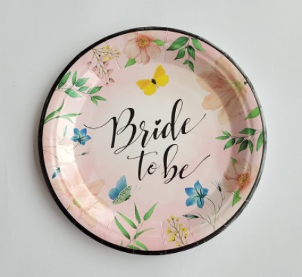 Set 6 farfurii „Bride to be” petrecerea burlacitelor roz cu flori si fluturasi, 18 cm [2]