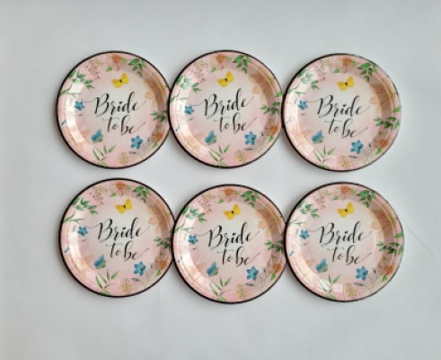 Set 6 farfurii „Bride to be” petrecerea burlacitelor roz cu flori si fluturasi, 18 cm [3]