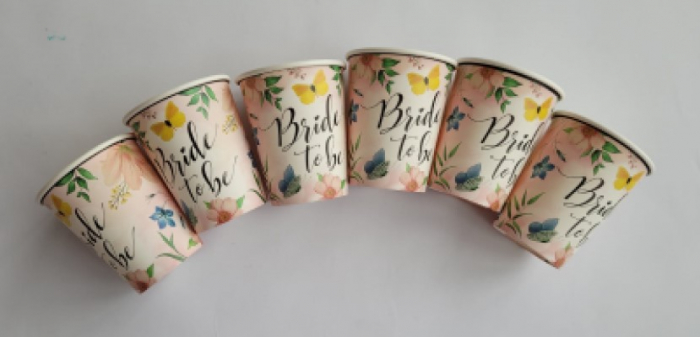 Set 6 pahare carton „Bride to be” petrecerea burlacitelor, roz cu flori si fluturasi, 220ml [4]