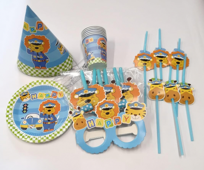 Set petrecere 36 piese paie, pahare, suflatori, coifuri, farfurii, ochelari Party Animale politist [2]