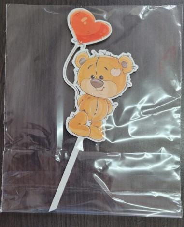 Topper de tort lemn ursulet cu balon 13 x 9 cm [3]