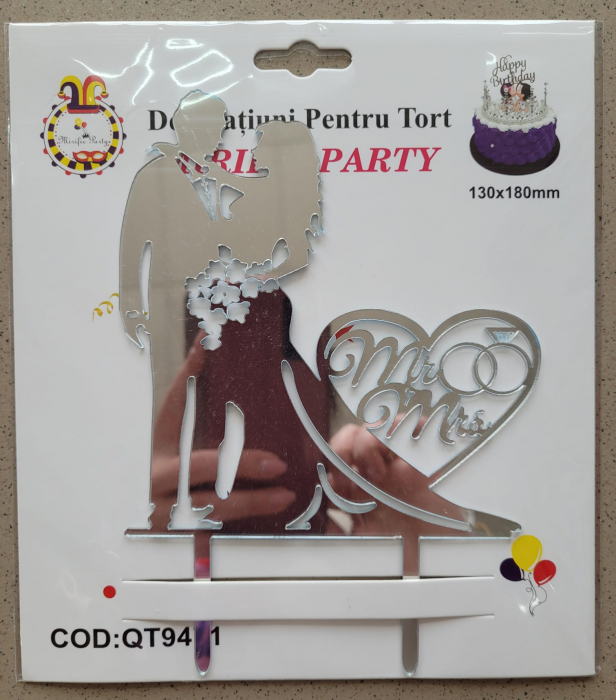 Topper tort Mire si Mireasa Argintiu 13 x 14 cm [3]