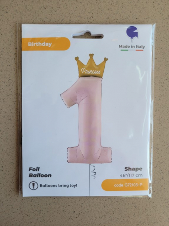 Balon folie cifra 1 roz pal cu coroana si Princess 117 cm [2]