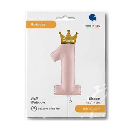 Balon folie cifra 1 roz pal cu coroana si Princess 117 cm [3]