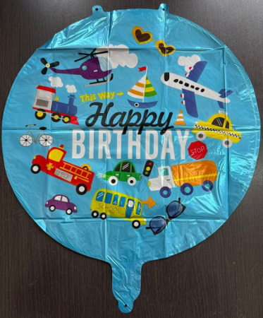 Balon folie rotund albastru masini Happy Birthday 45 cm [1]