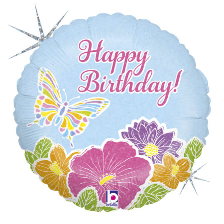 Balon folie rotund Happy Birthday fluture si flori 46 cm [0]