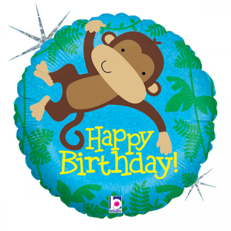 Zoo - Decoratiuni pentru petrecere tematica - Balon folie rotund Happy Birthday maimuta 46 cm