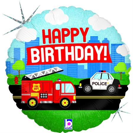 Masini - Decoratiuni pentru petrecere tematica - Balon folie rotund Happy Birthday pompieri si politie 46 cm