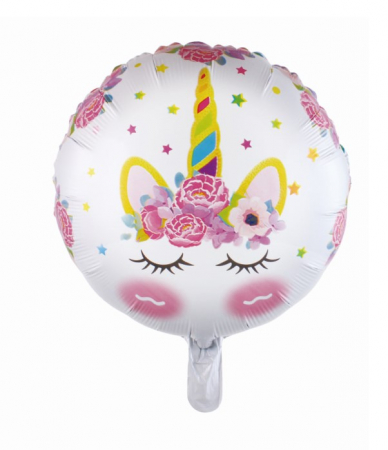 Unicorn - Decoratiuni pentru petrecere tematica - Balon folie rotund unicorn alb cu flori 43 cm
