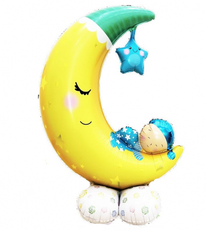 Botez baiat - Baloane latex & folie - Balon folie stand luna cu bebe 110 x 70 cm
