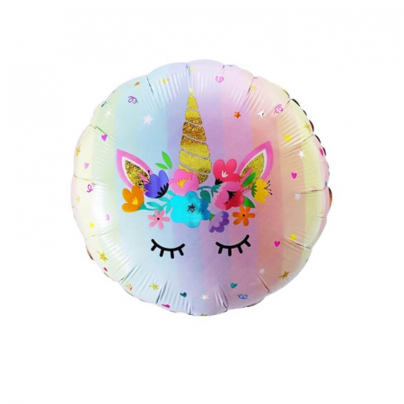 Unicorn - Decoratiuni pentru petrecere tematica - Balon folie unicorn flori rotund 45cm
