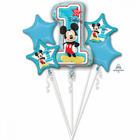 Petreceri tematice - Decoratiuni & accesorii - Buchet 5 baloane folie Mickey Mouse prima aniversare 1 an 0026635343411